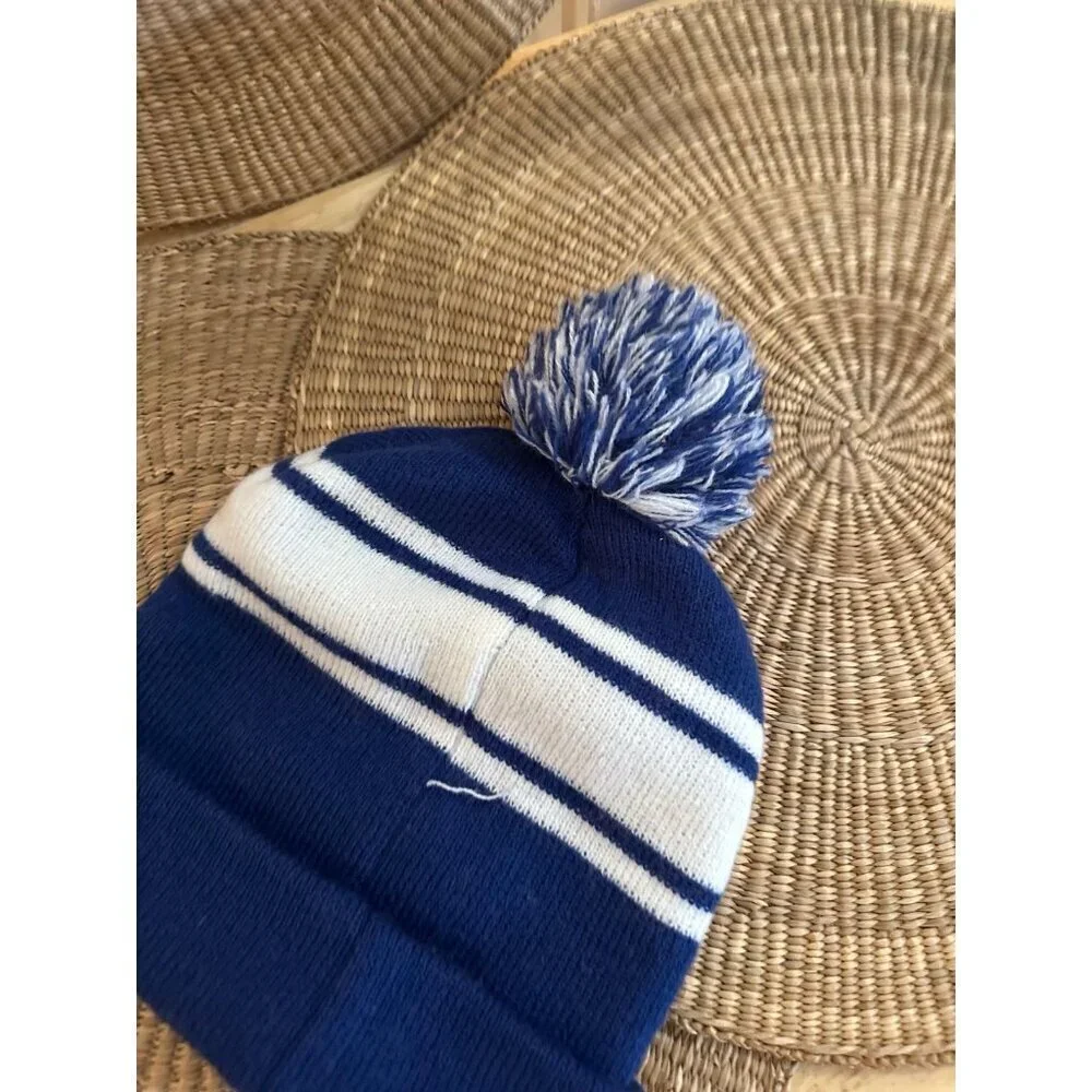 Blue and white striped beanie